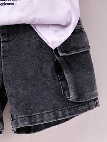 SHEIN 小男孩 2 件組背心與牛仔短褲套裝，街頭風休閒復古夏季穿搭 - 黑色 - 查看 6