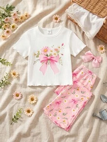 SHEIN 2pcs Young Girl Knitted Solid Floral Pattern Casual T-Shirt And Floral Bell-Bottom Pants Set - Pink - View 1