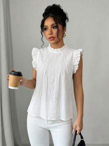 SHEIN 白色亞麻色藍色荷葉邊裝飾荷葉領短袖飄逸袖優雅女式襯衫 - 白色 - 查看 6