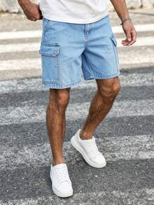 Manfinity Homme Celana Pendek Denim Pria Kasual Longgar Serbaguna dengan Kantong Kargo - Biru - View 6