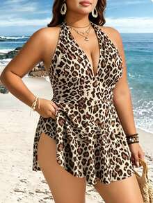 Swim Lushoire Plus Size Women's 2-Piece Striped Print Waist Pleated Halter Tankini Swimsuit, Mature Minimalist Casual Resort Swimwear - Multicolor - View 1