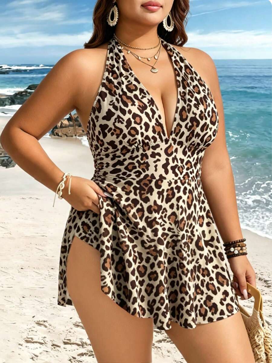 Swim Lushoire Plus Size Women's 2-Piece Striped Print Waist Pleated Halter Tankini Swimsuit, Mature Minimalist Casual Resort Swimwear - Multicolor - View 1