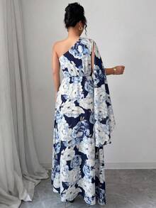 Elenzga Đầm nữ size lớn màu xanh navy họa tiết hoa thanh lịch cho kỳ nghỉ hè, thiết kế vai bất đối xứng kiểu choàng, xoắn, không tay, eo chiết, đầm dự tiệc cưới - Màu xanh hải quân - Xem 2