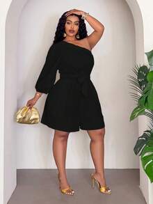 Veslaya Spring/Summer New Vacation Casual & Beach Vacation & Beach & Sunbathing & Hotel Vacation & Cruise Vacation & Commute Casual & Daily Outing & Basic Commute & Party & Family Gathering Loose Solid White One-Shoulder Short Sleeve Elastic Waist Pockets Woven Fabric Women's Plus Size Short Jumpsuit-A - Black - View 5