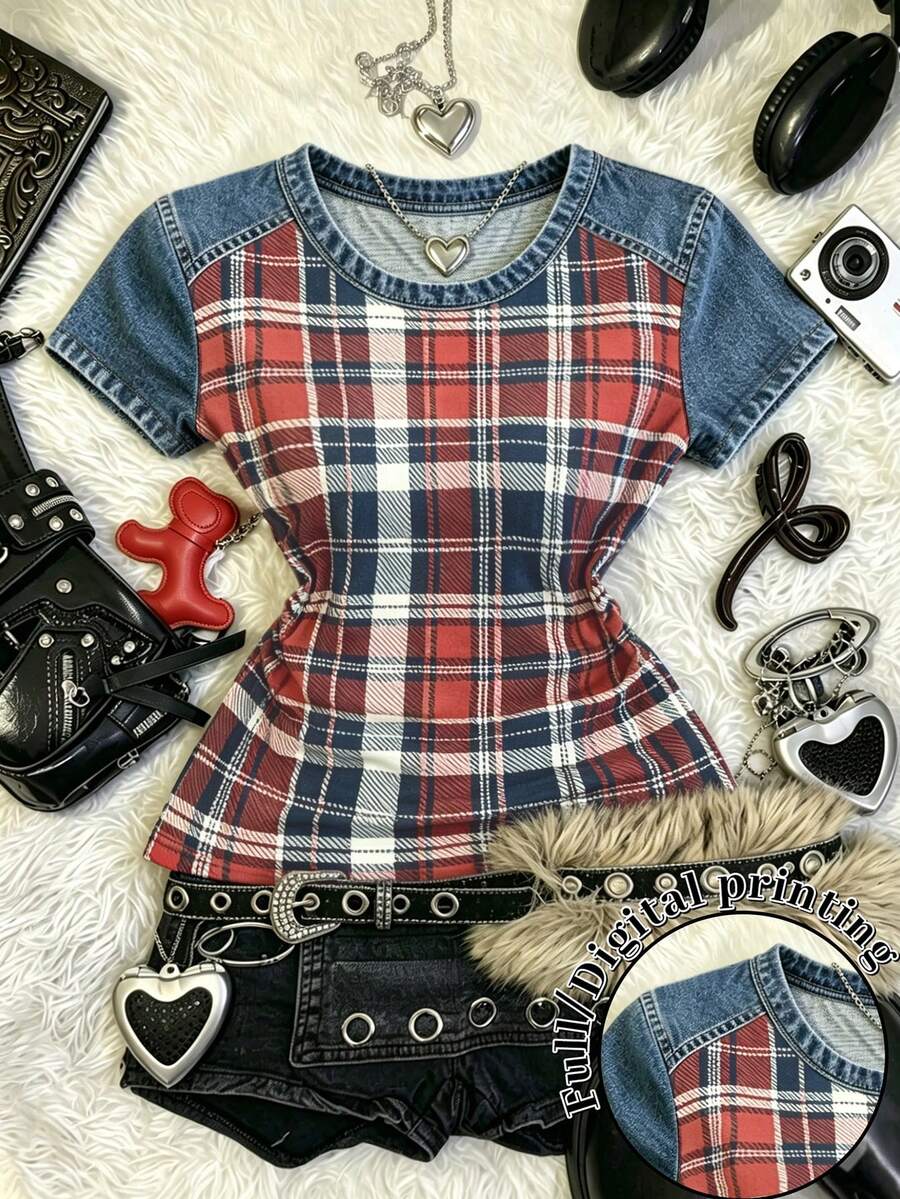 Lalippa Áo croptop denim kẻ caro Y2K dành cho nữ, tay ngắn, dáng ôm, cổ tròn, kiểu Mỹ retro, xếp ly bên hông, phong cách thường ngày. - Nhiều màu - Xem 1