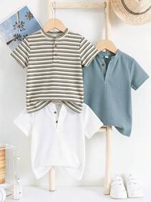 SHEIN 3件組兒童青少年男孩半袖T恤套裝，木鈕扣裝飾與紋理面料，綠色、白色、條紋，短袖，適合夏季休閒出遊、運動、度假、上學，百搭百用 - 彩色 - 查看 3