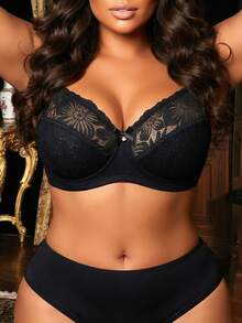 Divavoom 1pc Plus Size Lace Patchwork Wireless Bra - Black - View 7