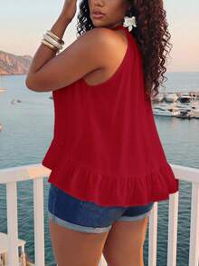 Slaydiva Elegant Red Halter Neck Ruffle Hem Tank Top For Women, Stylish Sleeveless A-Line Camisole For Spring And Summer, Minimalist Casual Vacation Outing - Red - View 2
