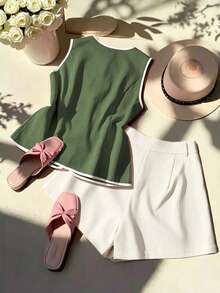 GlowEve Women's Summer Elegant Contrast Trim Rose Red 2 Pieces Set - Green - View 2