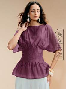 Arave Women's X-Shaped Round Neck Short Sleeve Pleated Waist Ruffle Hem Casual French Elegant Commuter Top Teachers' Day Office Brunch Mauve Purple Summer - Purple - View 6