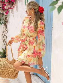 Vivid Eden Women's Floral Print Drawstring A-Line Mini Dress - Yellow - View 6