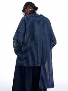 LYSMO 2026 New Arrive Minimalism Spring/Summer Women's Fashionable Commuter Striped Ribbon Shirt - Navy Blue - View 2