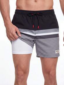 Manfinity KASUA Men Loose Striped Beach Shorts In Vacation Style Milk Silk Lining - Black - View 5