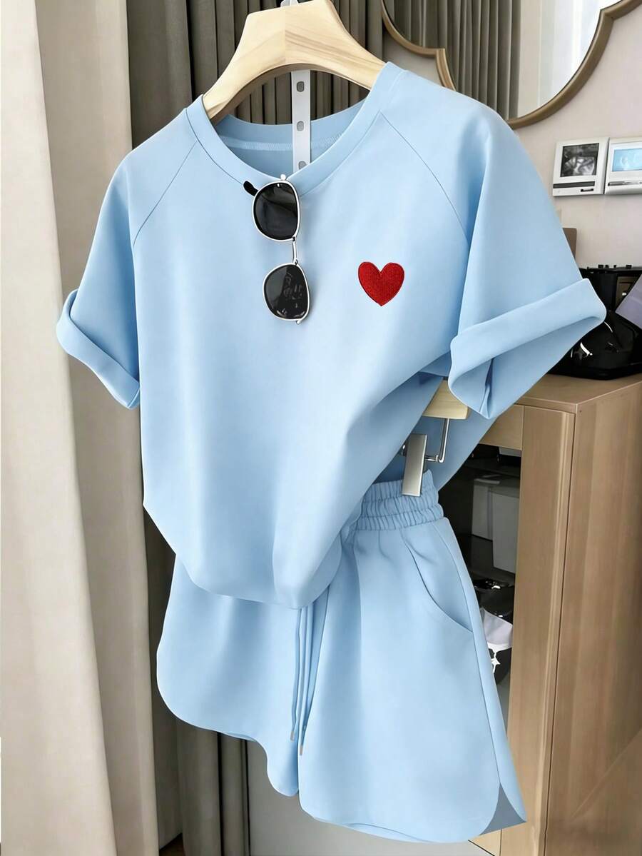 1 Set Tween Girls Casual Comfortable Fashion Minimalist Cute Heart Pattern Raglan Sleeve Top And Shorts Set, Suitable For Summer Outfits - Blue - View 1