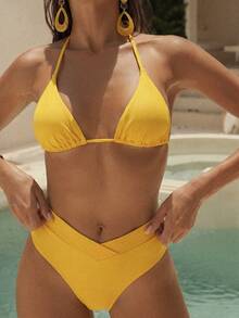 Swim Chiccia 女款黃色V型腰帶設計舒適透氣夏季比基尼泳褲沙灘海灘派對性感極簡度假風 - 金色 - 查看 6