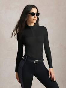 Activina Women's Solid Color 1/4 Zip Breathable Slim Fit Minimalist Equestrian Top - Black - View 6