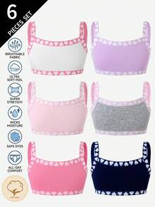 SHEIN Genkimix Kids 6件組女孩純棉愛心印花與素色簡約細肩帶背心內衣 - 彩色 - 查看 7