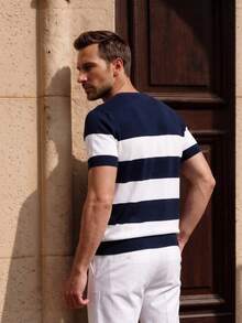 Officeau Camiseta de punto casual de cuello redondo y manga corta con parches de unicolor para hombre - Azul Marino - Ver 2