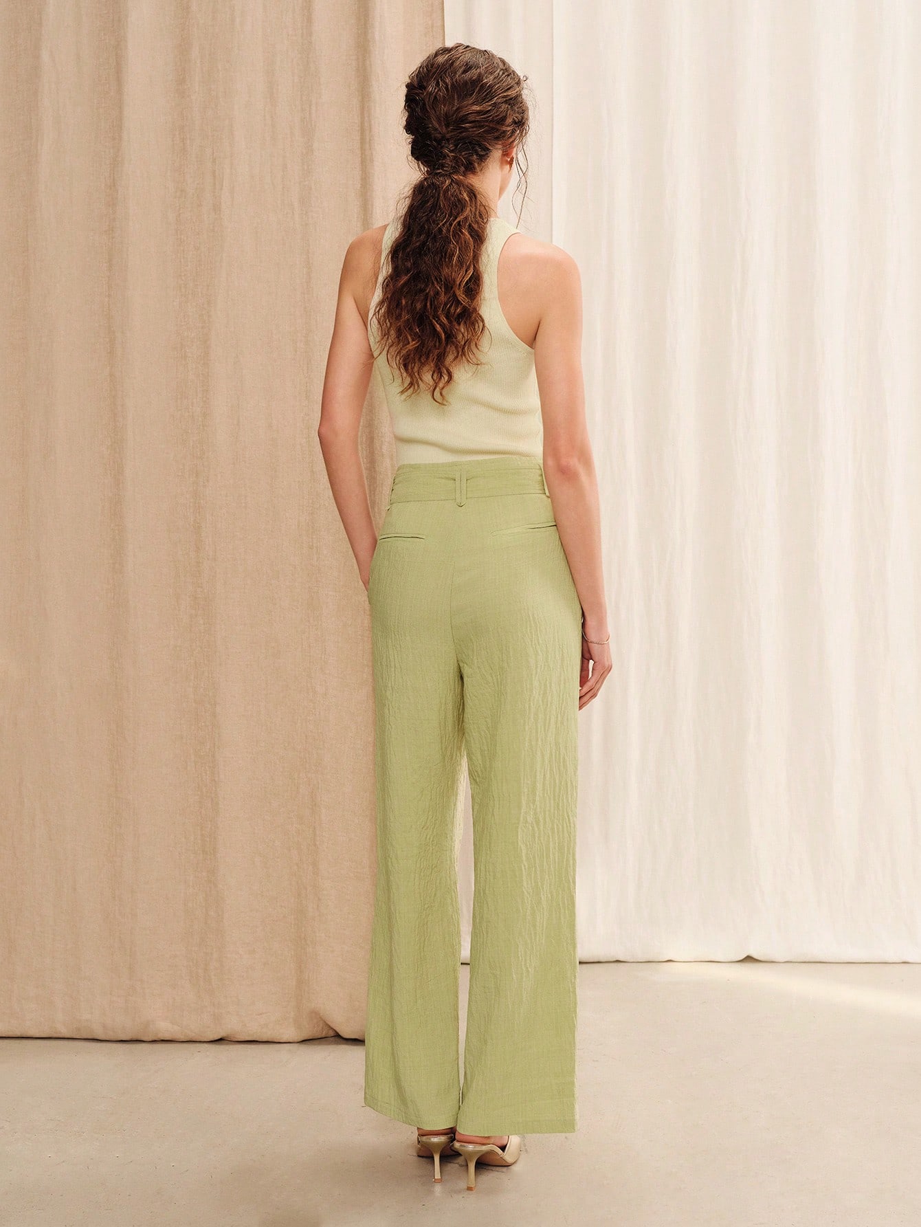 Green High-Waisted Wide-Leg Pants With Belt And Buckle Summer Cute Business Casual Pants