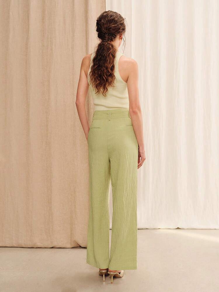 Green High-Waisted Wide-Leg Pants With Belt And Buckle Summer Cute Business Casual Pants
