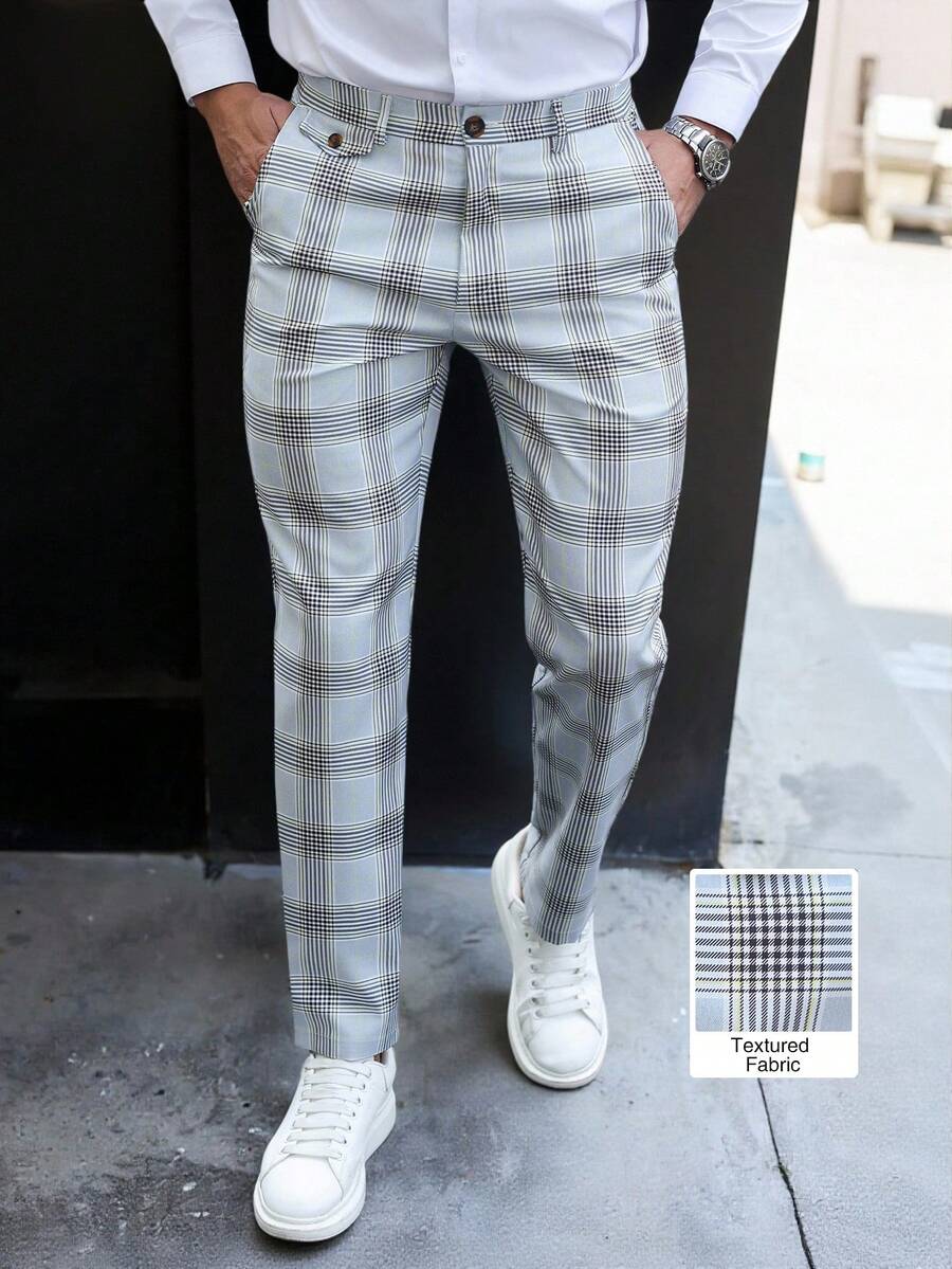 Manfinity Mode 男士藍色格紋西裝長褲,修身直筒秋季商務休閒辦公長褲,商務通勤垂墜百搭長褲,禮物,男士,儀式,正式 - 淺灰色 - 查看 1