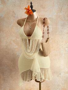 Mistrie 2026 Spring/Summer Sexy Large Mesh Beach Vacation Concert Date Shell Metal Buckle Ruffle Trim Tank Top Skirt 2-Piece Set For Women White - Apricot - View 5