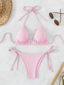 Swim Mod 夏季海灘派對度假女款純色細肩帶上衣與綁帶短褲比基尼套裝 淡粉色 性感熱帶輕盈風 - 粉色 - 查看 3