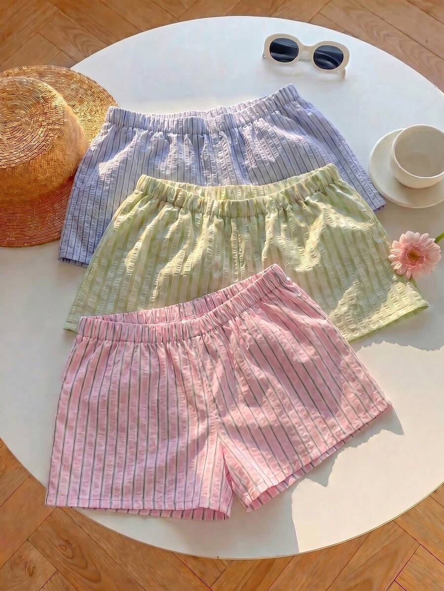 SHEIN EZwear 3条装条纹梭织弹力腰休闲短裤，夏季 - 藍色 - 查看 1