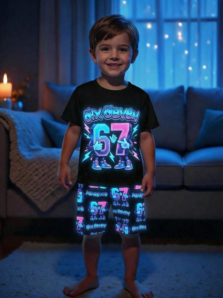 Young Boy Snug Fit Fluorescent Dinosaur Print Short Sleeve Shorts Knit Comfortable Skin-Friendly Home Tight Pajama Set 2pcs Sets Squishy Vacation - Multicolor - View 1