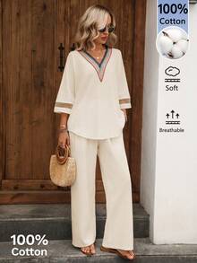 EMERY ROSE Women's Summer Long Sleeve Shirt And Wide Leg Pants Set Vacation Off-White Casual - Apricot - View 5