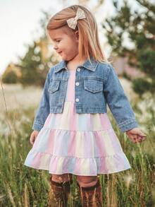 SHEIN Vintaside Kids 女嬰春夏領口長袖時尚短版上衣搭配細肩帶背心，優雅可愛日系風畢業禮服，淺藍粉色條紋 - 彩色 - 查看 6