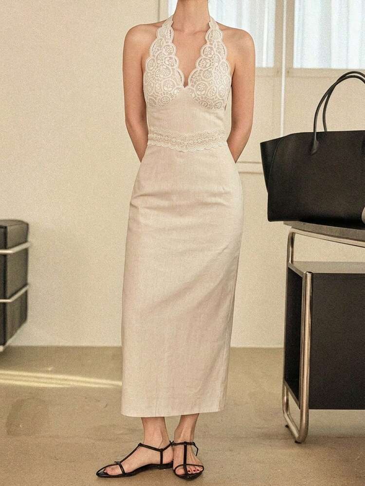 Women's Elegant Tie-Neck Backless Dress, Cinched Waist, Suitable For Spring & Summer Parties