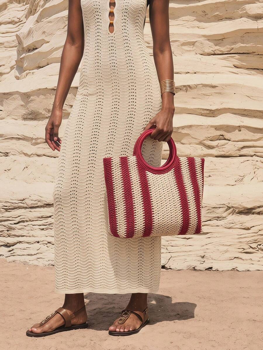 Maija Ladies, Women Top Handle Bags, Straw Bag, Fashionable, Elegant, Simple, Personalized, Versatile, For Beach, Vacation, Holiday, Summer, Seaside, Beach Party - Red - View 1