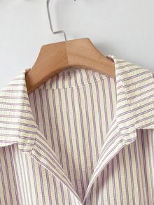 SHEIN CURVE+ 大尺碼休閒通勤條紋襯衫 - 墨綠色 - 查看 5