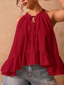 Slaydiva Elegant Red Halter Neck Ruffle Hem Tank Top For Women, Stylish Sleeveless A-Line Camisole For Spring And Summer, Minimalist Casual Vacation Outing - Red - View 8