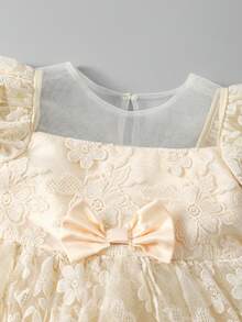 SHEIN Glamorique Kids 少女 3D 刺繡拼接薄紗杏色泡泡袖公主裙，生日派對、婚禮節日 - 杏色 - 查看 5
