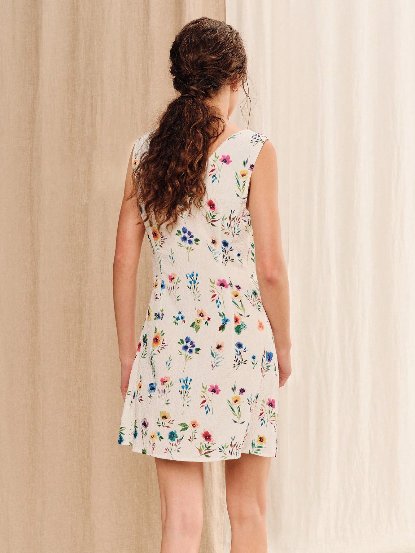 White A-Line V-Neck Mini Dress With Multicolor Floral Print And Lace Trim Summer Holiday Casual