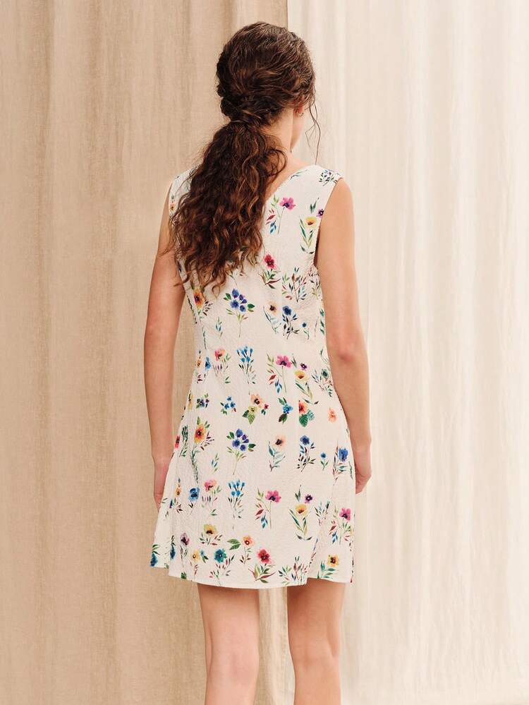 White A-Line V-Neck Mini Dress With Multicolor Floral Print And Lace Trim Summer Holiday Casual