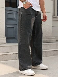 Manfinity Homme Loose Men Cotton Solid Slant Pocket Jeans Holiday Dark Wash Summer Streetwear - Black - View 5