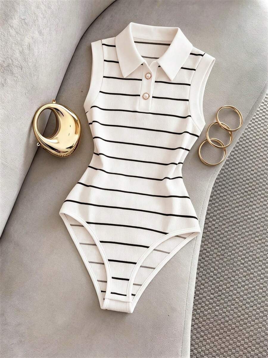 SHEIN Franclia 女款優雅黑白條紋無袖襯衫領修身連身衣,夏季隨性時尚返校畢業派對外出穿搭 - 白色 - 查看 1