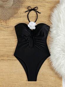 Swim Chiccia 女款黑色抓皺鏤空花卉高衩時尚性感連身泳衣，適用於海灘、音樂節，春夏季 - 黑色 - 查看 6