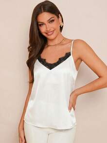 Amorya Elegantes vielseitiges Damen-Camisole mit Kontrastspitze für den Sommer - Schwarz und Weiss - View 4
