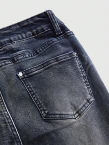 ROMWE Y2K Vintage Sexy Cross Ripped Frayed Waist Low-Rise Skinny Women Jeans, Spring/Summer - Medium Wash - View 4