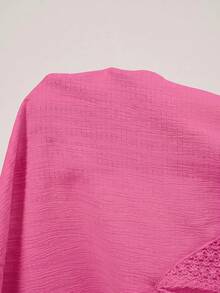 Amorya White Lace Crochet Textured Button Back V-Neck Blouse - Hot Pink - View 7