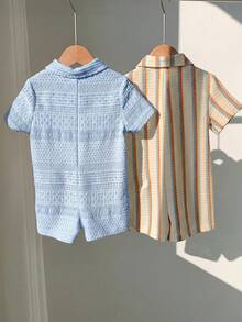 SHEIN 2pcs Newborn Baby Boy Unisex Baby Clothes Cute Summer Casual Knit Striped Polo Collar Short Sleeve Romper 2-Piece Set Suitable For Birthday Party, Rave, Evening Party, Performance, Wedding, Full Moon, Baptism And First Birthday Celebration, Wedding Guest, Baby Shower Christening Outfit Baby Boy - Multicolor - View 2
