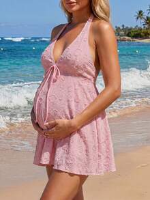 SHEIN 26SS Textured Halter Maternity Swimwear Set, Suitable For Beach & Holiday - Pink - View 5