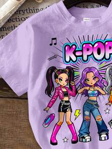 Young Girl Round Neck Letter Cartoon Print Short Sleeve T-Shirt And Shorts Casual Daily Set - Multicolor - View 5