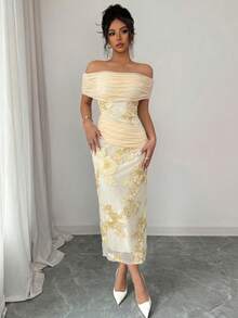 Modelyn Apricot Embroidered Contrast Mesh Off Shoulder Pleated Elegant Fashionable Date Night Midi Dress For Women - Apricot - View 7