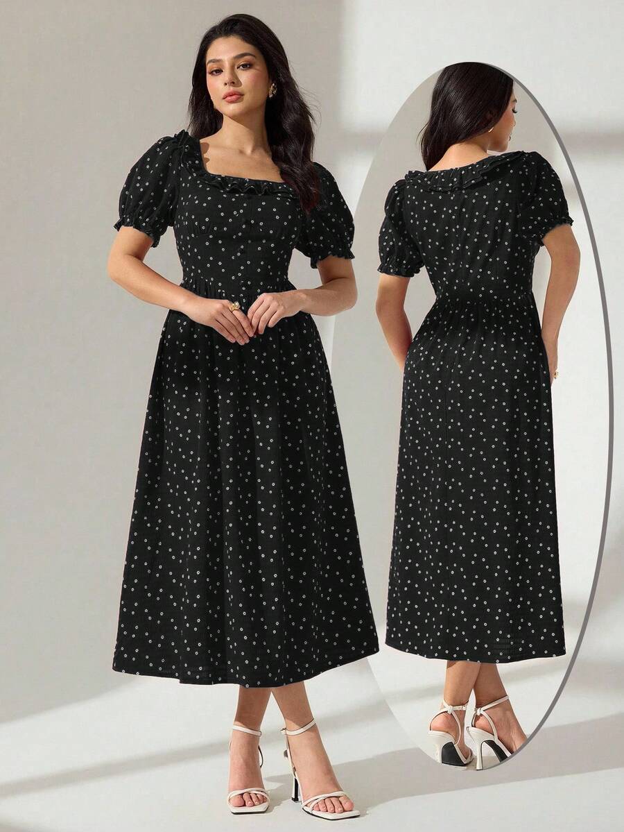 Modelyn 方領荷葉邊腰部短袖泡泡袖波點酒紅色女款中長洋裝 - 黑色 - 查看 1