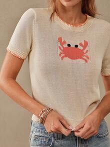 WESTFADE Crab Intarsia Crewneck Contrast Stitch Short Sleeve Relaxed Fit Knit Top Summer, Vacation, Casual Cute, Beach Vacation, Country Coral - Multicolor - View 5